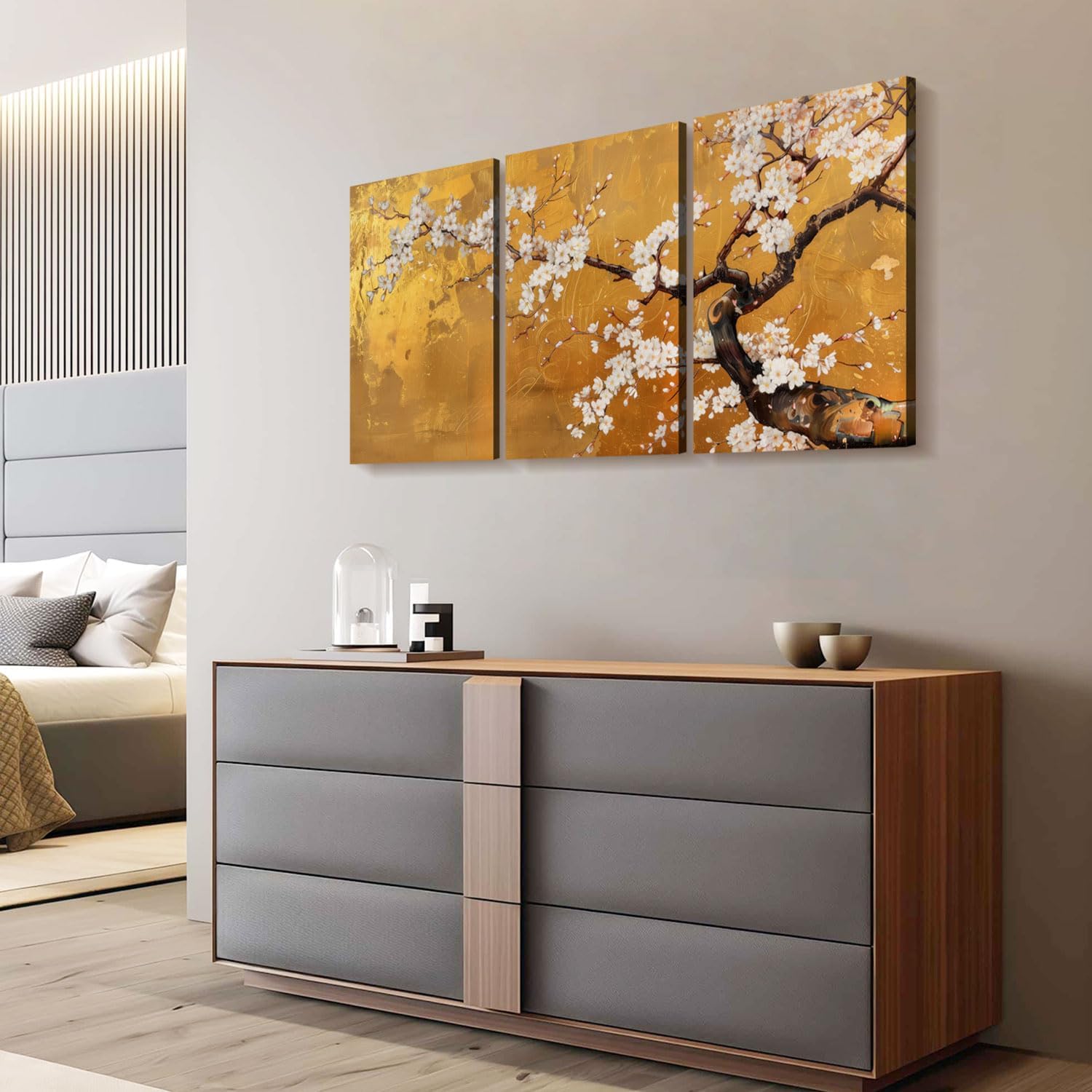 3 Pcs Framed Japanese Golden Plum Blossom Flower Wall Art Decor Canvas Print Picture Traditional Woodblock Print Style Farmhouse Poster Gallery Bedroom Living Room Office 12x16 Inch Ready to Hang