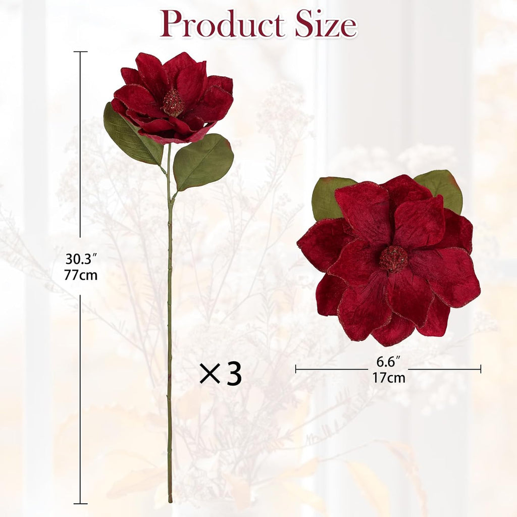 Briful Set of 3 Artificial Christmas Magnolias Flowers – 30’’ Long Stem Faux Magnolia Stems for Tree Ornaments, Holiday Centerpieces & Christmas Decor,Dark Red