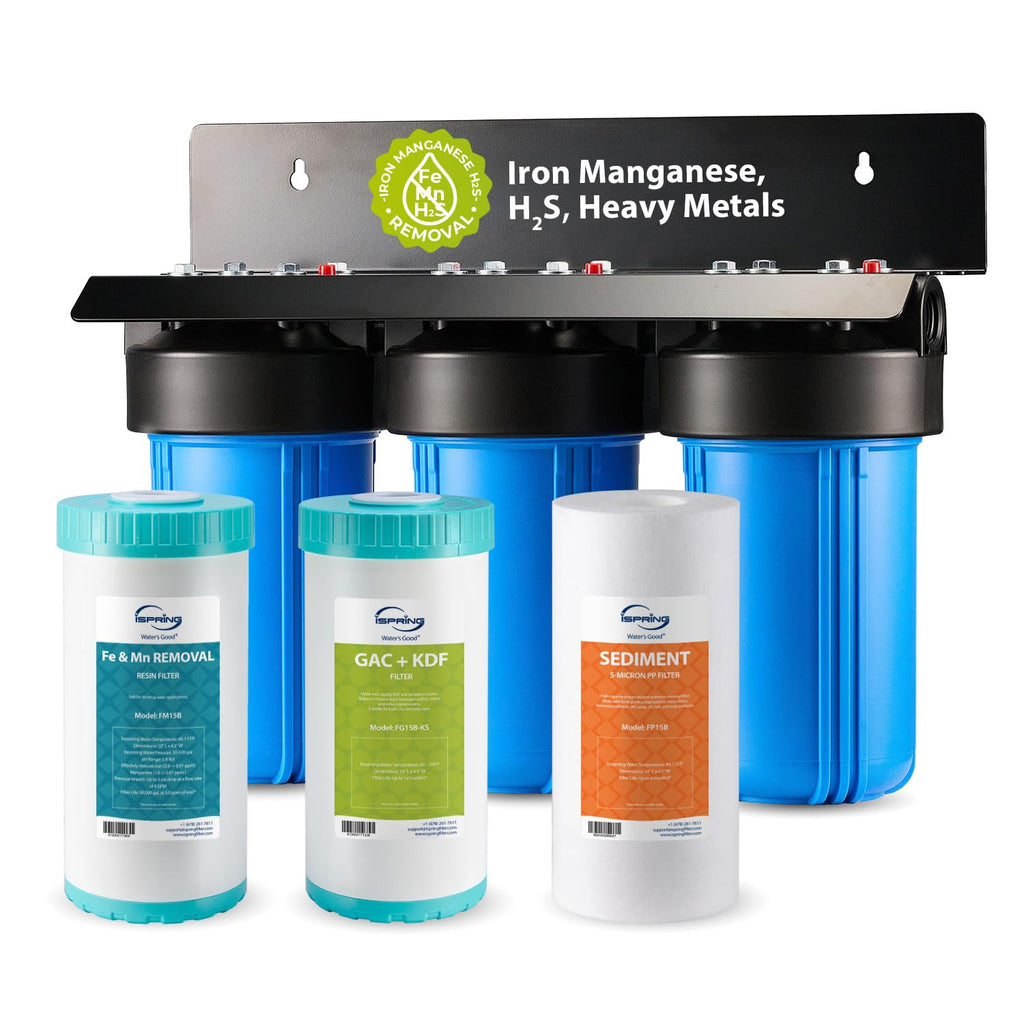 iSpring 3-Stage Whole House Water Filter System, Reduces Iron, Manganese, Hydrogen Sulfide, Heavy Metals, Chlorine, Sediments, 10” x 4.5” Filters, 1” Inlet/Outlet, Model: WGB31B-MKS