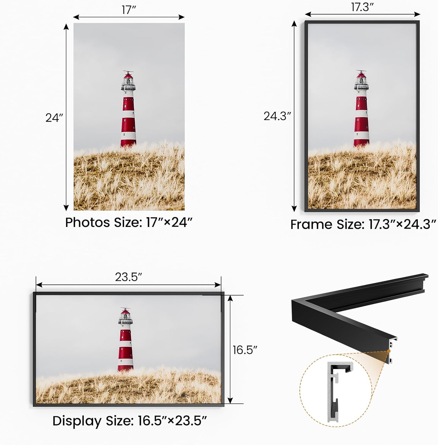 17x24 Aluminum Metal Picture Frame,Tempered Glass Black Large 17 x 24 Poster Frame for Puzzles Photos or Artwork for Wall Gallery Mount Horizontal or Vertical Decor Home,Office,Hotel