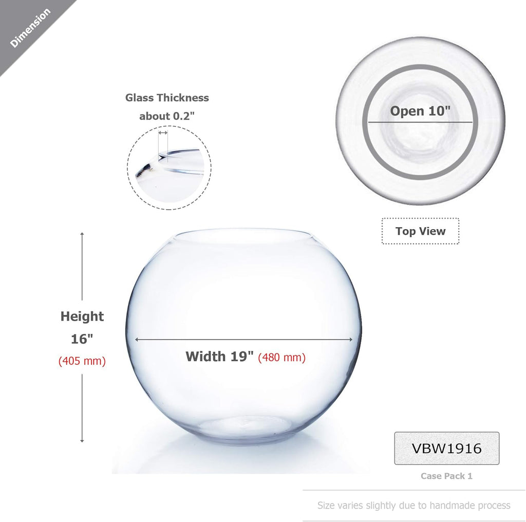 WGV Large Bowl Glass Vase, Diameter 19", Height 16", (Multiple Sizes Choices) Clear Huge Round Bubble Vase Jar, Floral Planter Terrarium for Wedding Event Home Decor, 1 Piece (VBW1916)