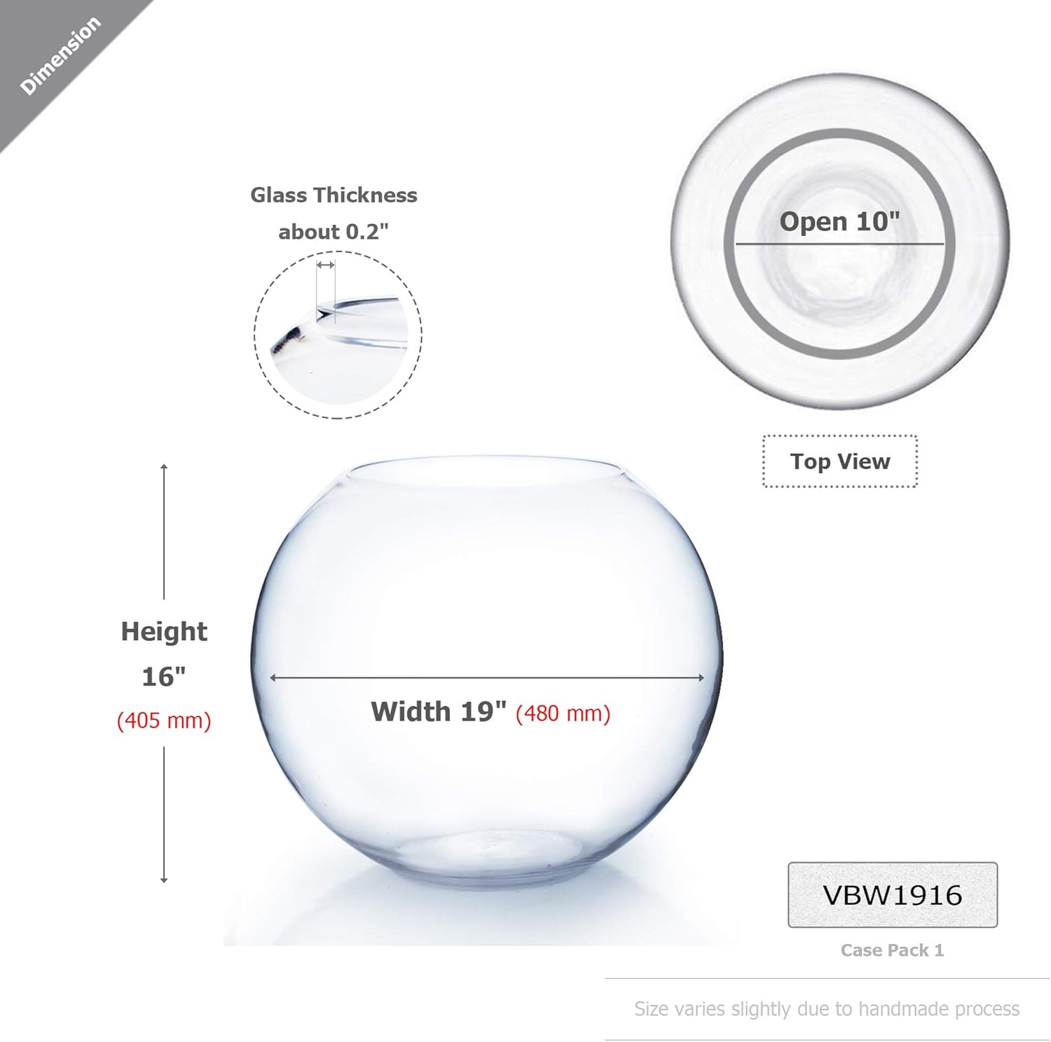WGV Large Bowl Glass Vase, Diameter 19", Height 16", (Multiple Sizes Choices) Clear Huge Round Bubble Vase Jar, Floral Planter Terrarium for Wedding Event Home Decor, 1 Piece (VBW1916)