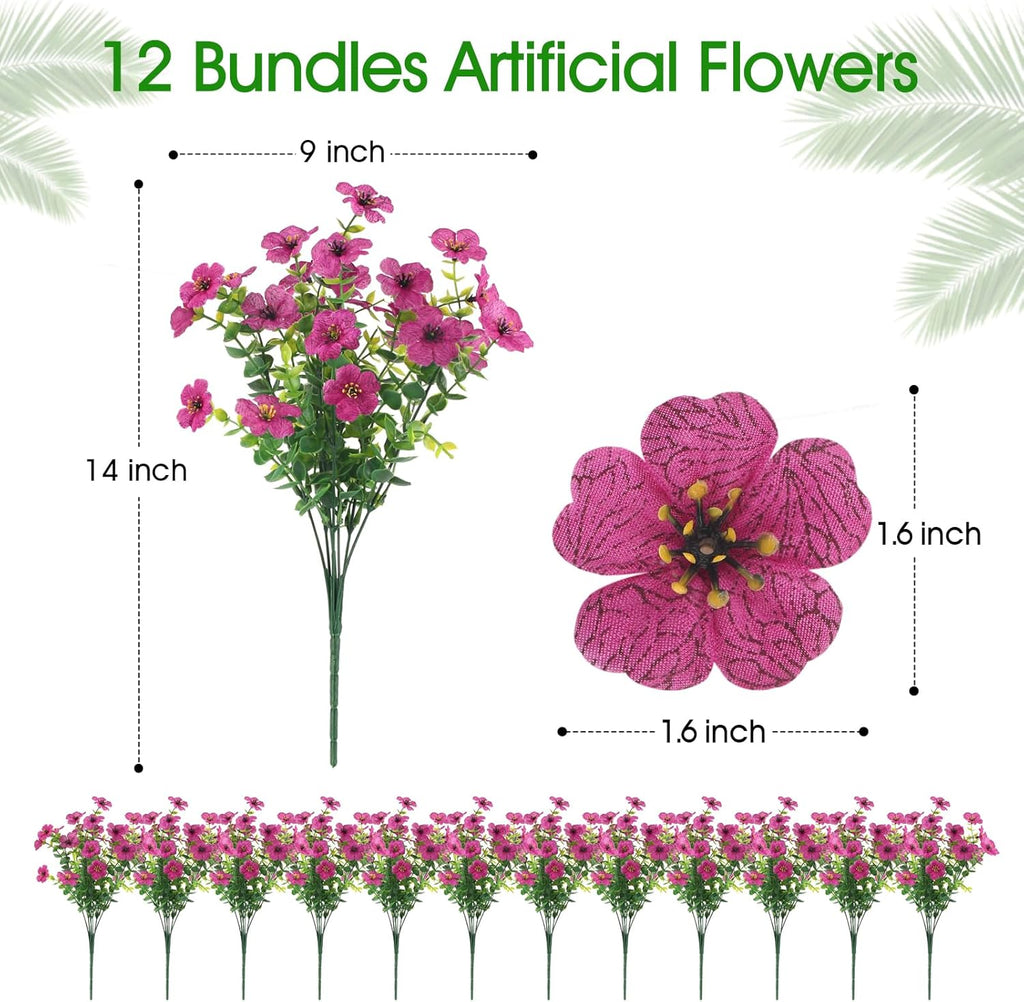 12 Bundles Artificial Faux Flowers, UV-Resistant Silk Fake Plants Spring Summer Decoration Indoor Outdoor Decor for Home, Porch, Balcony, Lawn, Yard - Spring, Summer, Fall, All Seasons (Pink)