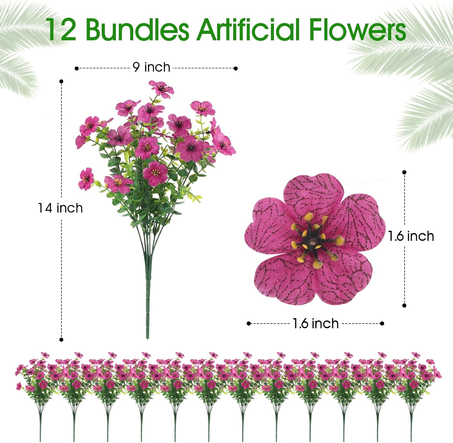 12 Bundles Artificial Faux Flowers, UV-Resistant Silk Fake Plants Spring Summer Decoration Indoor Outdoor Decor for Home, Porch, Balcony, Lawn, Yard - Spring, Summer, Fall, All Seasons (Pink)
