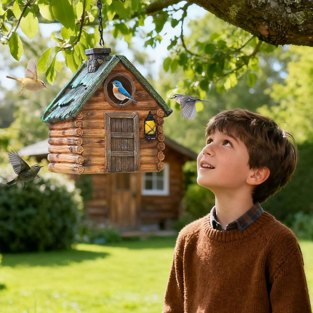Bird Houses for Outside Real Wood-Look Resin Bird House with Hanging Chain – Waterproof & Durable Forest Bird Houses for Outdoors for Hummingbird Finches Cardinals Bird Nesting Garden, Patio, Yard