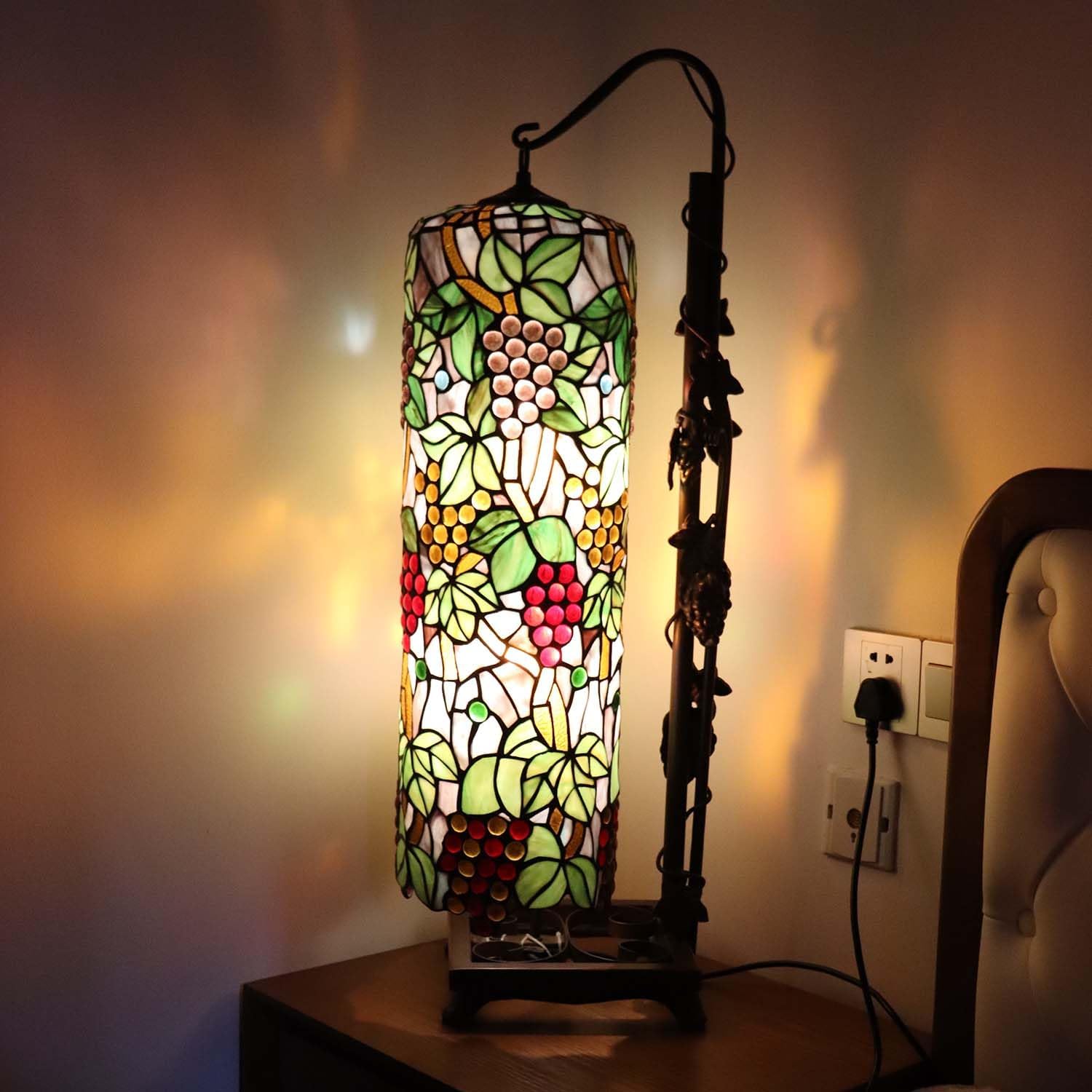 Bieye L10399 Grapes Tiffany Style Stained Glass Long Cylinder Table Lamp, Floor Lamp, 33-inch Tall