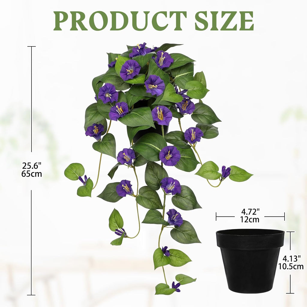 Briful Artificial Hanging Flowers in Pot 25.6" Faux Silk Morning Glory Flower Vine with Cascading Greenery Fake Hanging Plants for Home Office Bathroom Table Shelf Decor(Purple)
