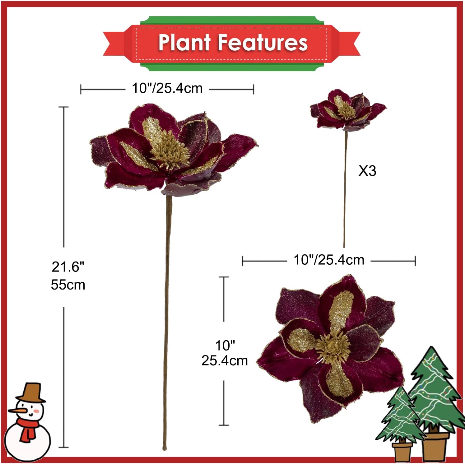 Briful 10’’ Large Heads Christmas Glitter Magnolia Flowers Christmas Tree Ornaments Set of 3 Artificial Flowers with Picks Stems for Xmas Tree Holiday Decorations, Burgundy