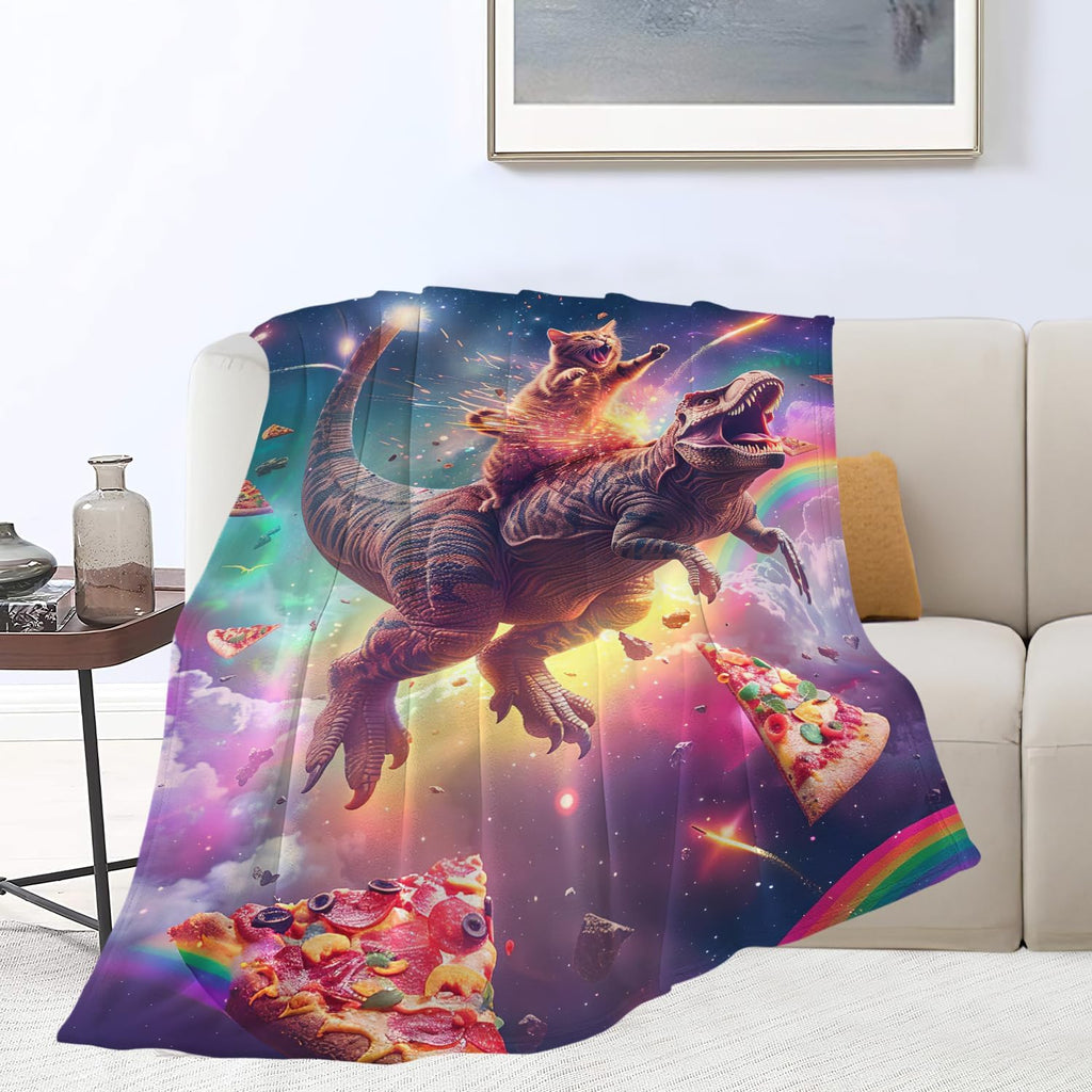 Funny Dinosaur and Cat Blanket Universe Rainbow Pizza Dino Cat Throw Blanket Gifts for Girls Women Kids Adults Super Soft Cozy Plush Fluffy Fuzzy Fleece Blanket Home Decor 40''X50''