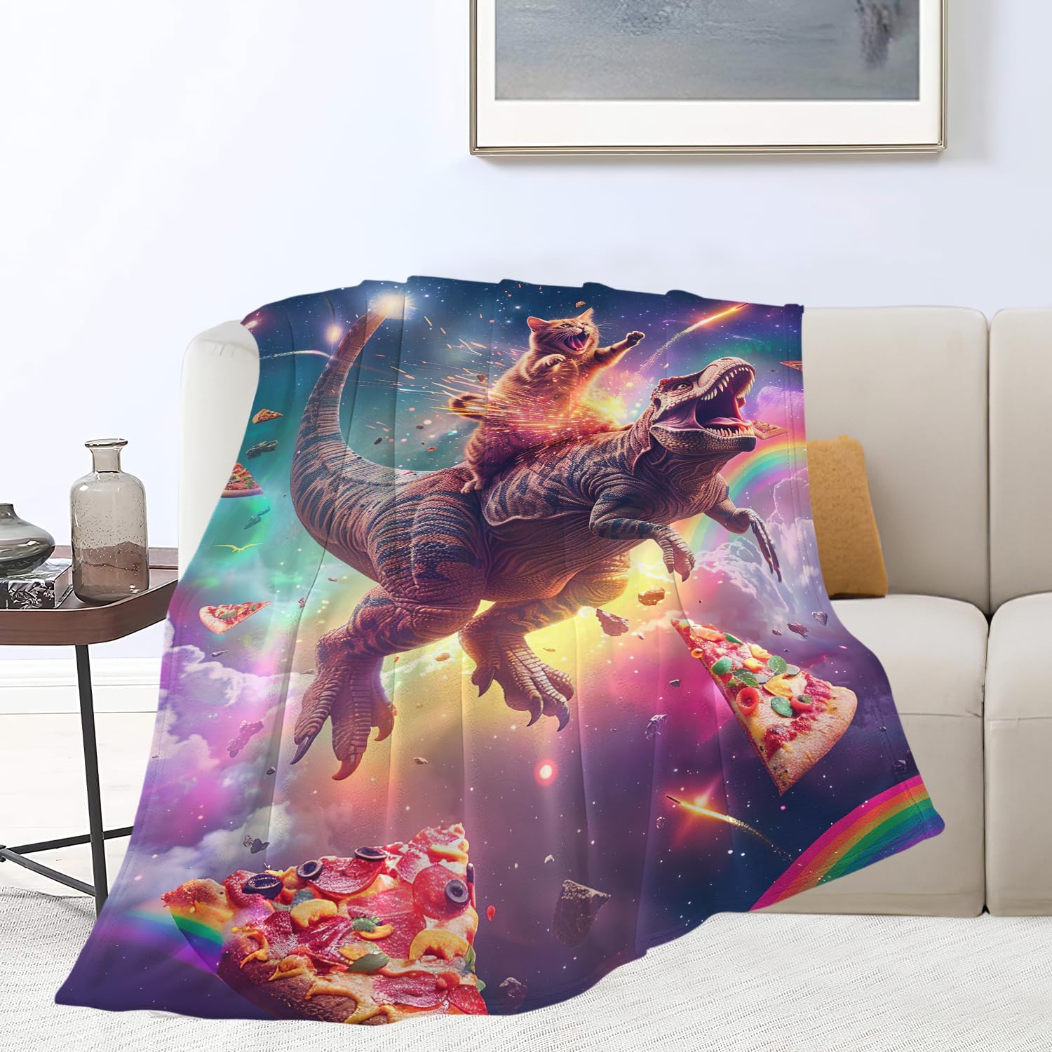 Funny Dinosaur and Cat Blanket Universe Rainbow Pizza Dino Cat Throw Blanket Gifts for Girls Women Kids Adults Super Soft Cozy Plush Fluffy Fuzzy Fleece Blanket Home Decor 40''X50''