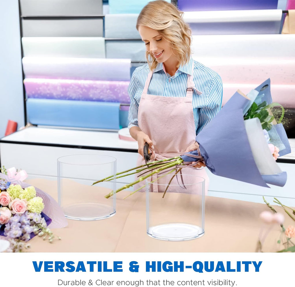 Flower Clear Plastic Vase Centerpiece for Home, Wedding Party, Clear Cylinder Wide Vase for Flowers, Decorative Wide Mouth Vase for Decor, Centerpieces, 6” × 6" Opening Round (Not Glass)