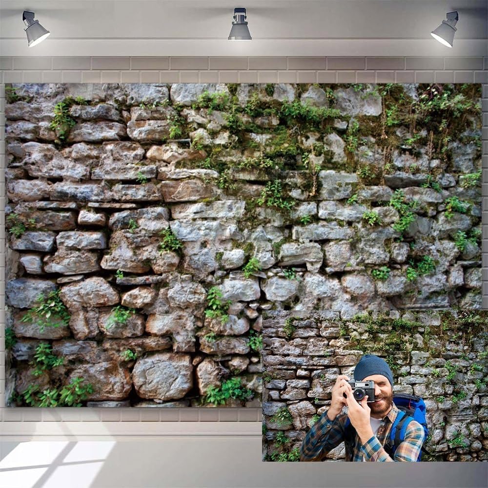 8x5ft Rustic Brick Wall Backdrop for Photography Green Moss Stone Wall Textured Background Vintage Rocky Reptile Tank Background Spring Garden Decoration for Child Adult Portrait Studio Photo Props