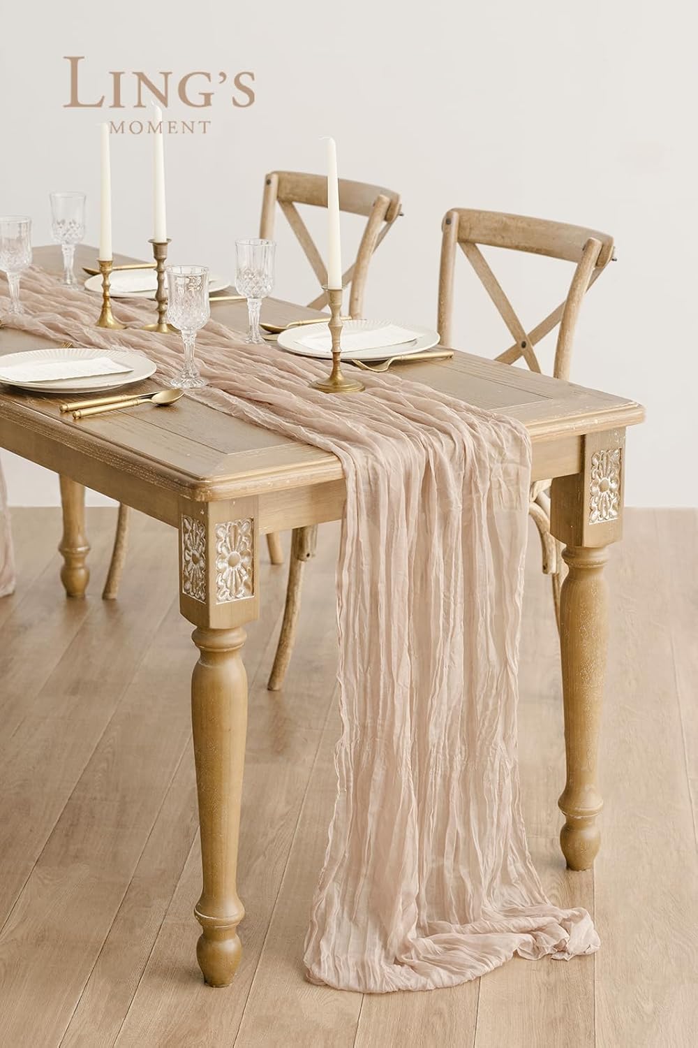 Ling's moment 10Ft x 35" Wide Warm Sand Gauze Semi-Sheer Table Runner Cheesecloth Tablecloth for Wedding Party Bridal Shower Boho Table Decor