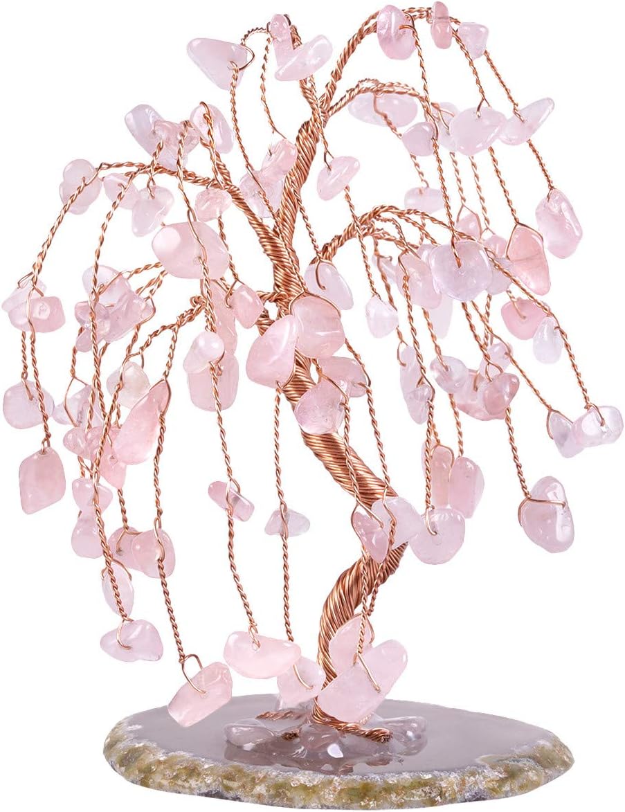 mookaitedecor Rose Quartz Crystal Tree Tumbled Stones, Geode Agate Slices Base Money Tree Decoration for Wealth and Luck 5.7"-6.7"