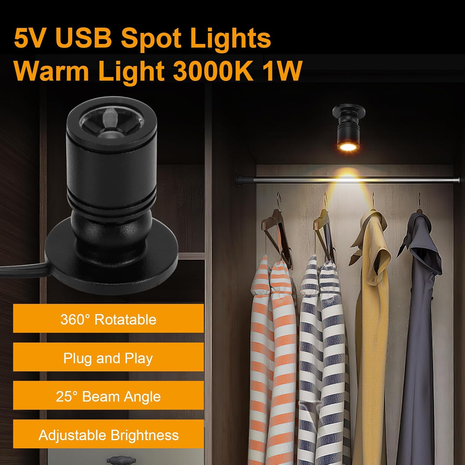 LED Mini Spot Light for Display, Small Spotlight USB, 5V Miniature Spot Lights for Closet, Artwork, Jewelry, DIY Craft and Plants, 6.6 Ft Cable 1 Watt 3 Types(4-Warm Light)