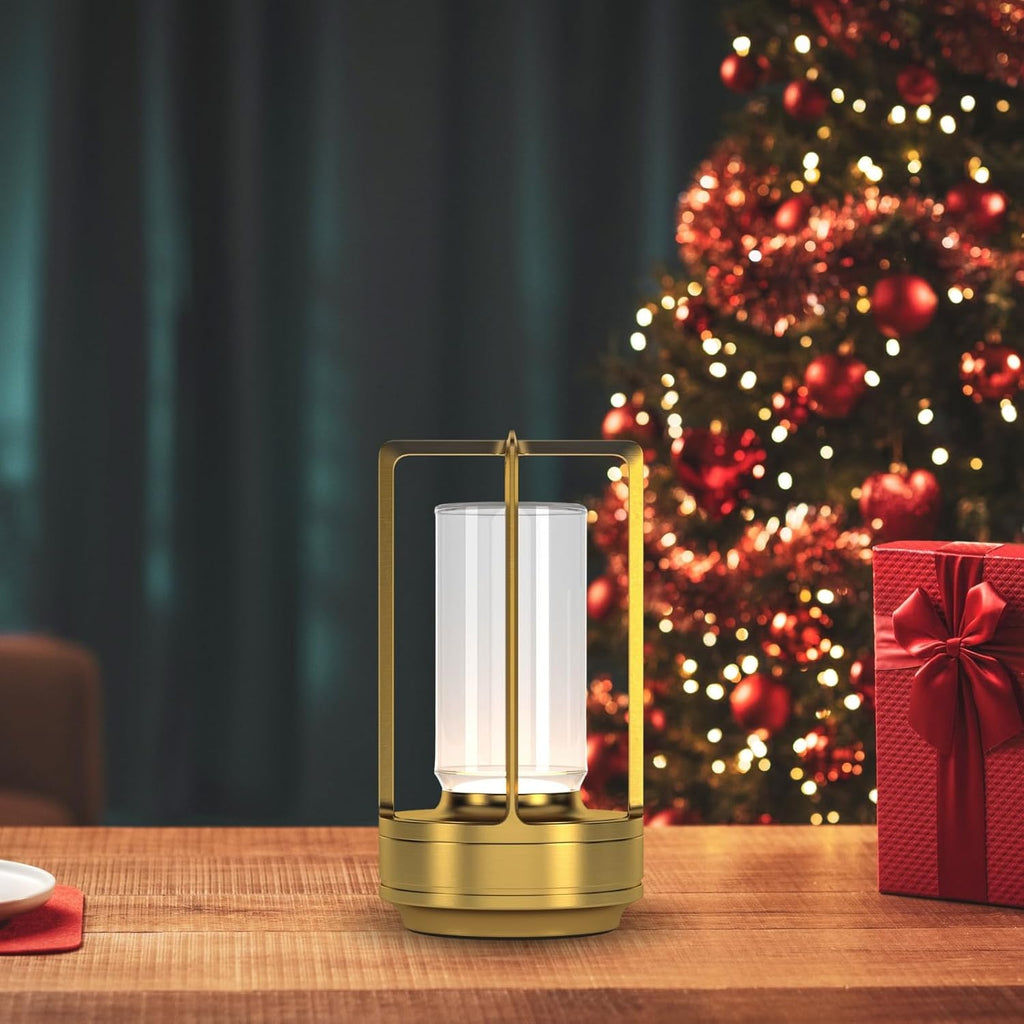 Portable Metal Table Lamp for Indoor/Outdoor ,Rechargeable Cordless LED Lamp, 3-Colour Infinitely Dimming Battery Powered Small Desk Lamp, Restaurant/Bedroom/Bar/Coffee Shop/Camping Light (Gold)