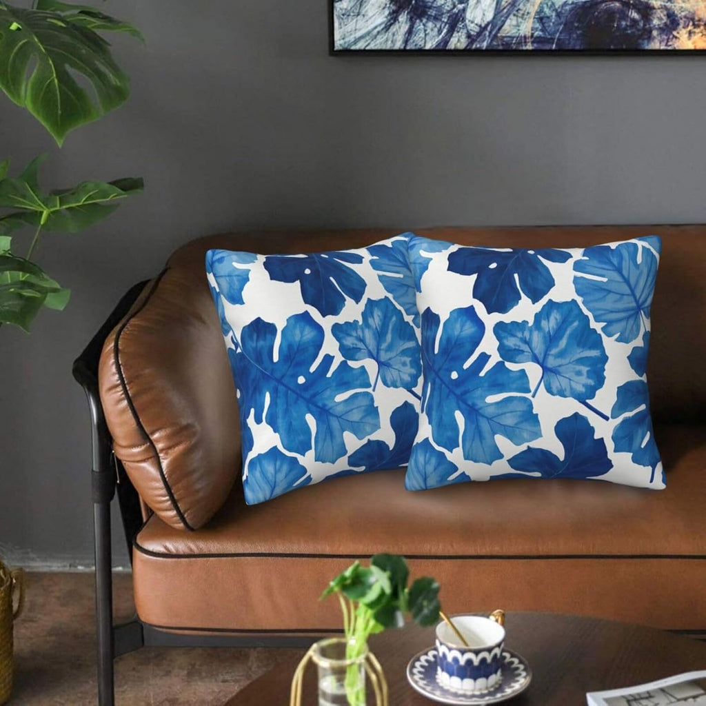 Tropical Blue Monstera Leaf Throw Pillow Covers Set of 2 Ultra-Soft All-Season Pillow Shams with Hidden Zipper,Durable for Sofa Bed Car Decor & Gift 18x18IN