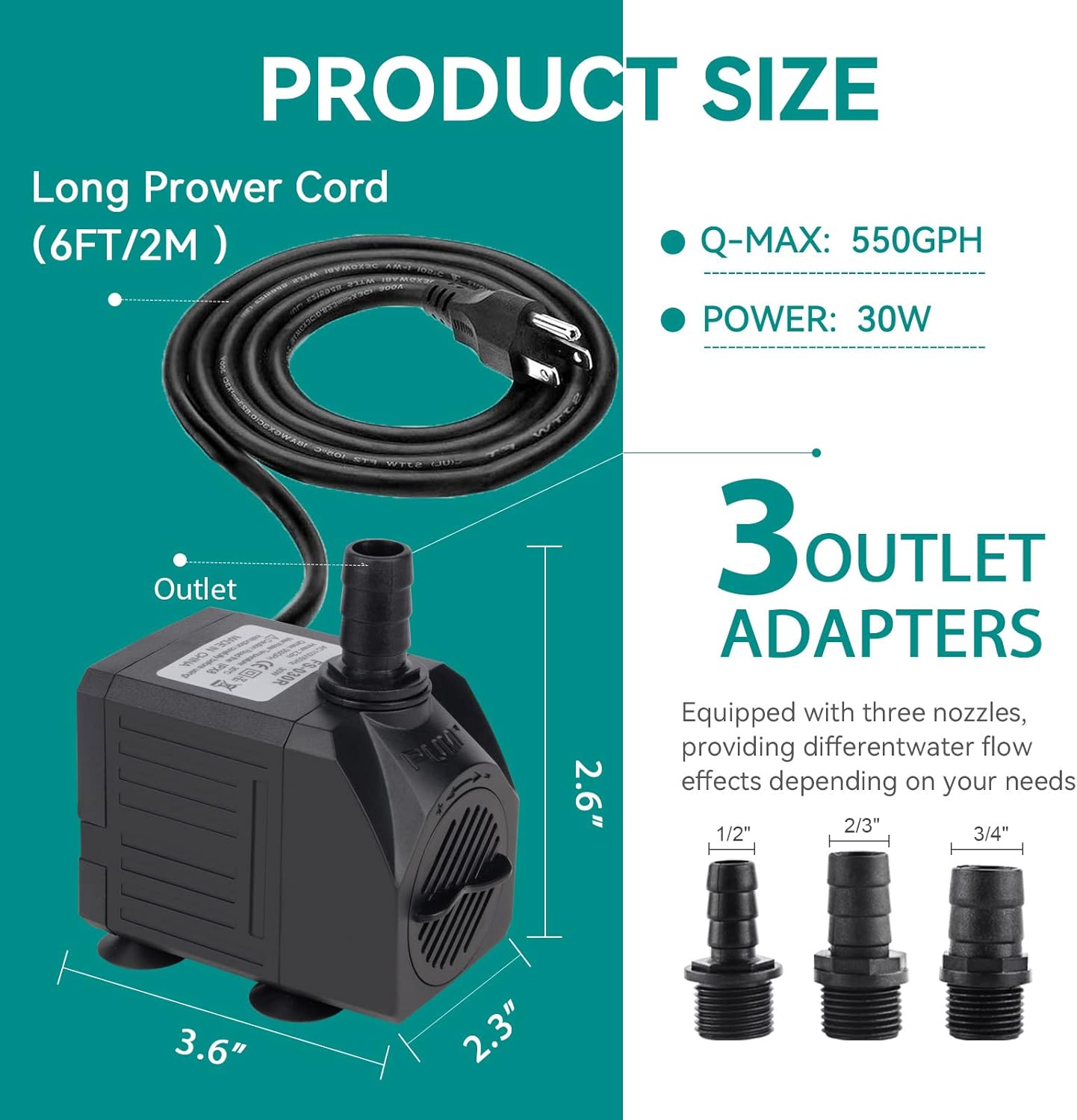 FREESEA Aquarium Submersible Fountain Pump: 30W 550GPH Adjustable Quiet Water Pumps with 7.2ft High Lift for Small Pond | Waterfall | Outdoor | Statuary | Hydroponic (550GPH)