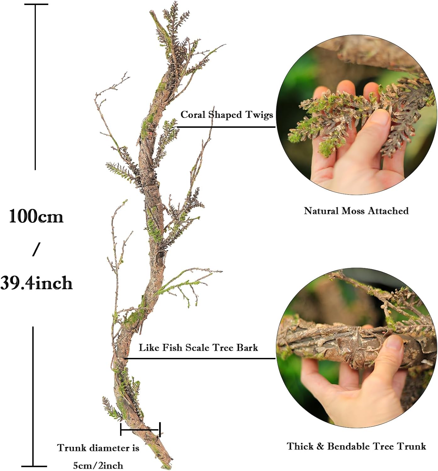 2Pcs 39.4inch Thick Bendable Artificial Tree Trunk Fake Large Wood Branches Twig Moss Grape Vine Garland Twisted Stick For Craft Terrarium Outdoor Hanging Mantel Reptile Climbing Wall Christmas Decor