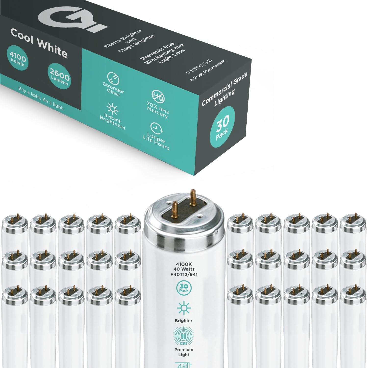 GoodBulb 30 Pack F40T12/841 40-W 48 Inch T12 Fluorescent Light Bulb, 4100K Cool White Light, Medium Bi-Pin Base, 2600 Lumens, 90 CRI, 24000 Life Hours, Instant/Programmed Start