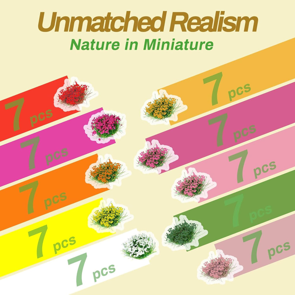Potanro 70pcs Miniature Flowers Cluster for Crafts,Mini Flowers Self Adhesive,Flower Vegetation Groups, Static Miniature Plants Diorama Base Materials Supplies,for Train Railroad Military Model
