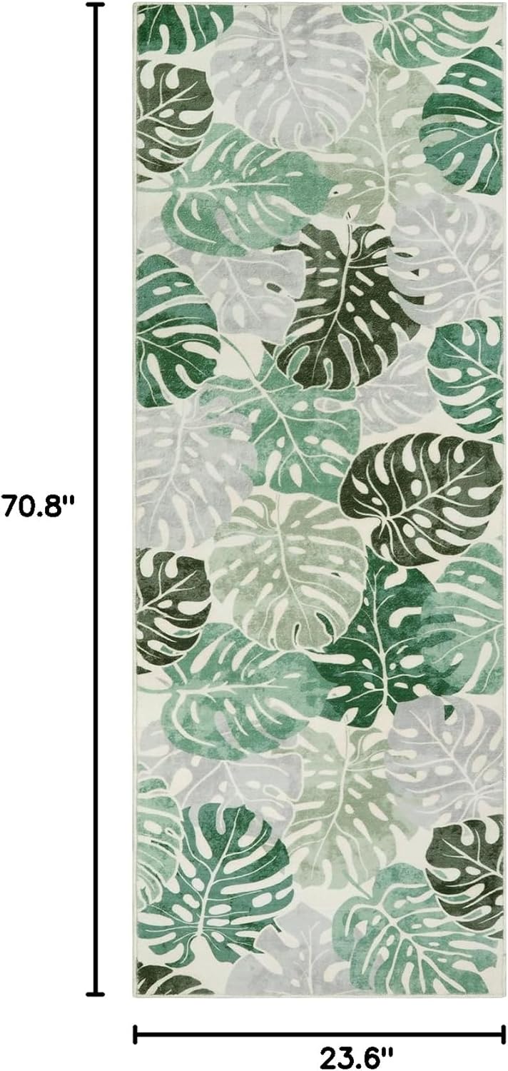 Wonnitar Leaf Washable 2x6 Rug Runner, Tropical Green Bathroom Rugs Runner Kitchen Carpet, Non-Slip Monstera Plant Non-Shedding Low Pile Accent Mat for Hallway Bedroom Closet