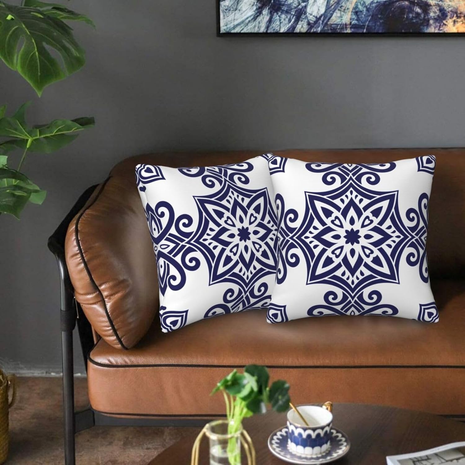 Navy Blue Symmetrical Floral Throw Pillowcases Set of 2 All-Season Soft Pillow Covers with Hidden Zipper,Durable for Sofa Bed Car Decor & Gift 18x18Inch