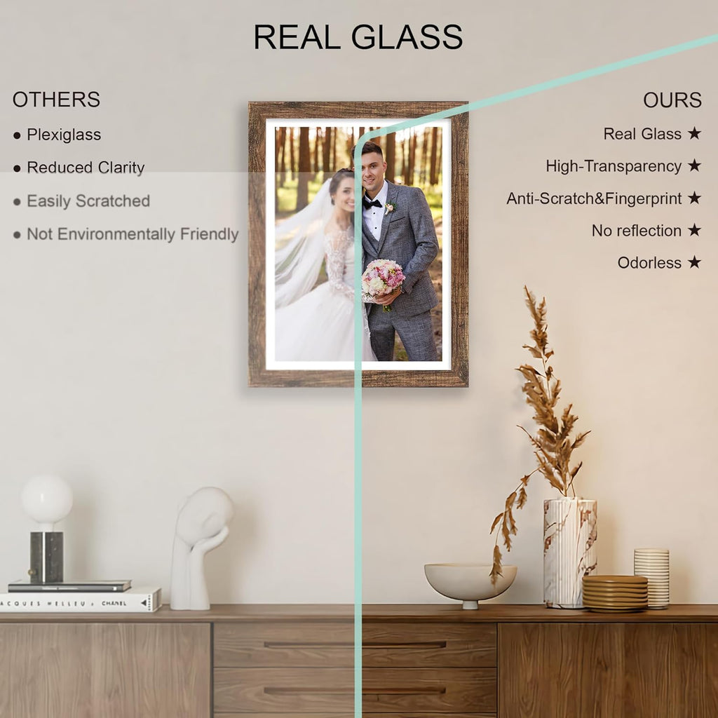 11x15 Picture Frame Set of 4, Made of Real Glass and Rustic Brown Frame - Display Picture 10x14 with Mat or 11x15 Without Mat, 11 by 15 Photo for Wall Mounting