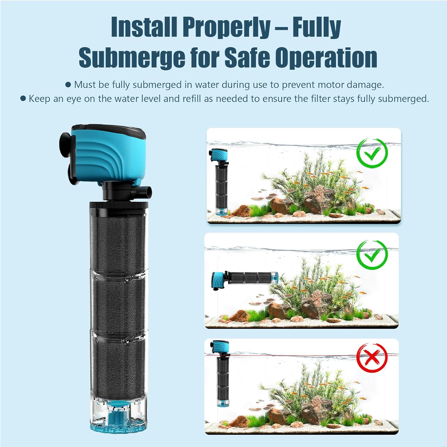 Internal Aquarium Filter, Upgraded 100–300 Gallon Fish Tank Filter with Fish Guard, 660GPH Submersible Whisper Pump for Turtle Tank & Small Pond, Debris Tray, Check Valve, Fresh/Saltwater