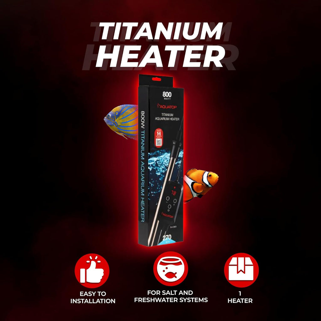 Aquatop 800W Titanium Heater with Controller – Submersible for Tanks Up to 270 Gallons, Adjustable 68-92°F, Durable for Large Fish & Turtles, TH-C800