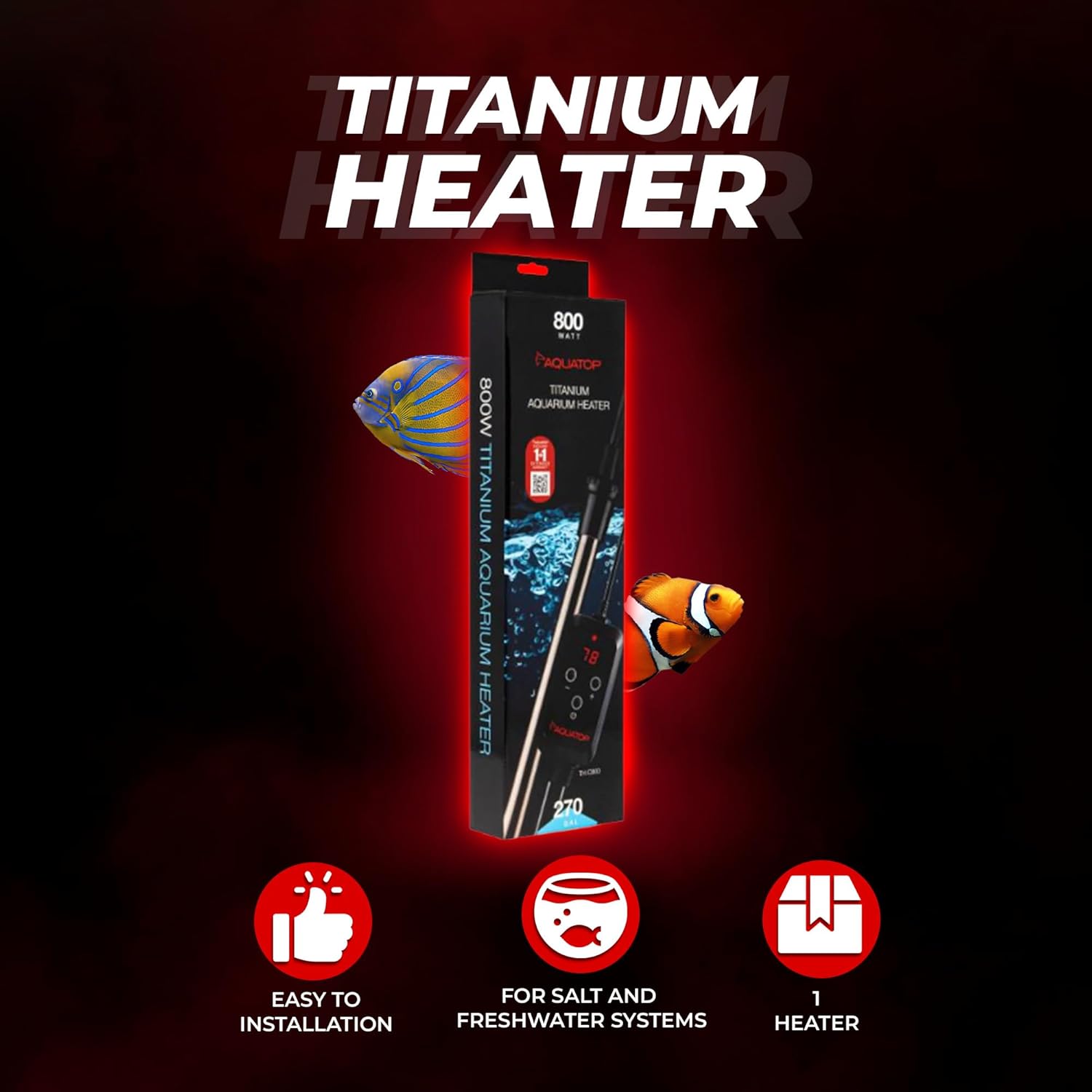 Aquatop 800W Titanium Heater with Controller – Submersible for Tanks Up to 270 Gallons, Adjustable 68-92°F, Durable for Large Fish & Turtles, TH-C800