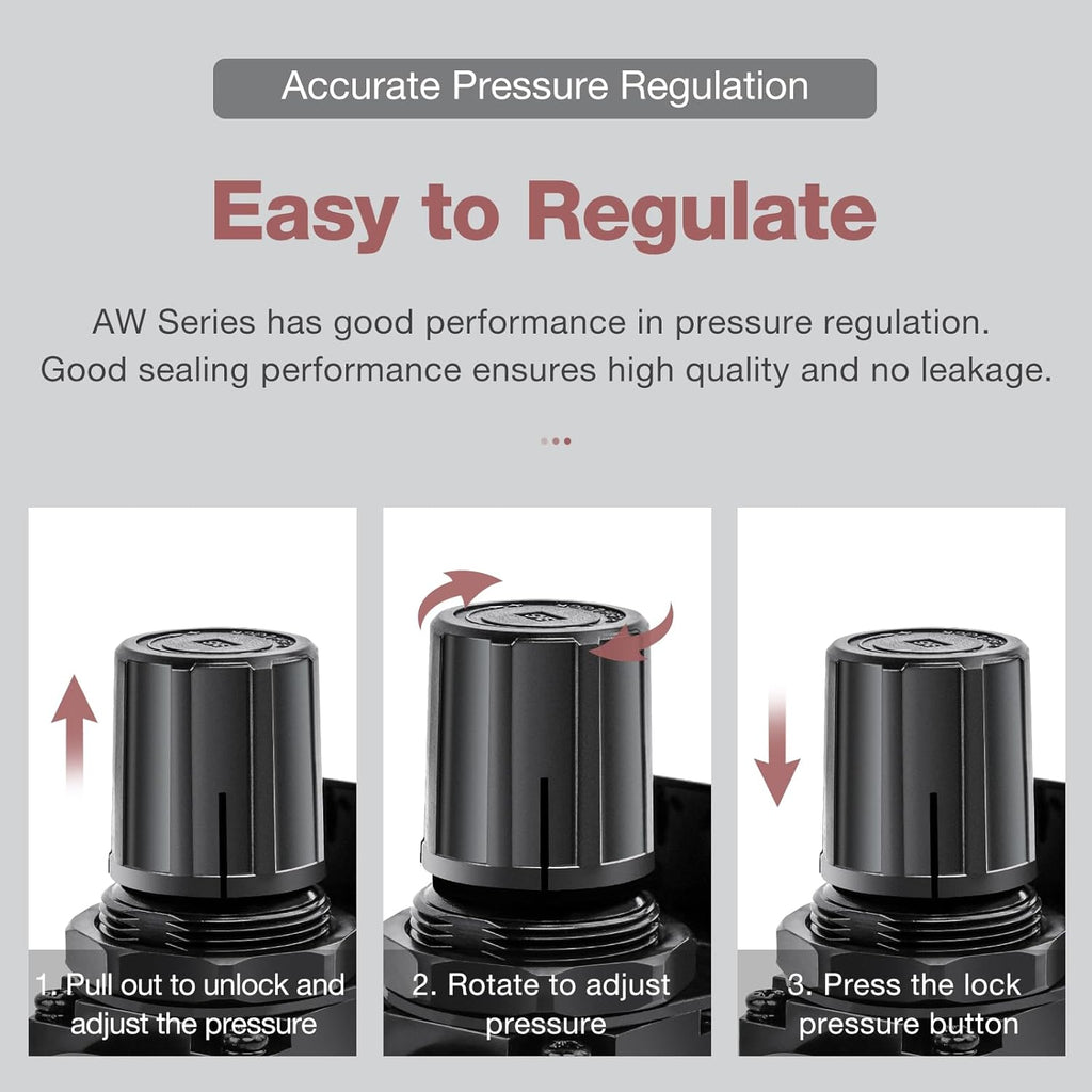 SNS Compressed Air Filter Regulator Piggyback Combo 1/4”NPT- Semi-auto Drain, Bracket, Gauge Poly Bowl AW2000-N02A