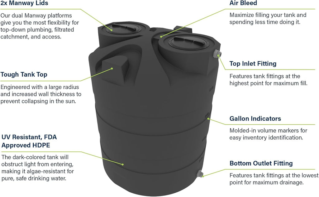 2500 Gallon Vertical Water Storage Tank, Plastic Water Tank for Collection, Holding, and Storage, UV-Resistant, for Rainwater Harvesting, Agricultural, RV, Emergency, and General Use