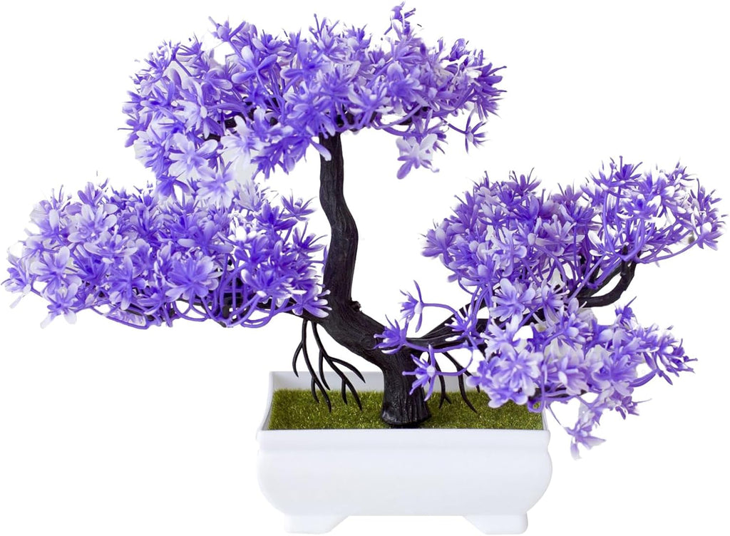 Mini Artificial Bonsai Tree Plants with Plastic Cement Pots for Home Office Décor(Purple)