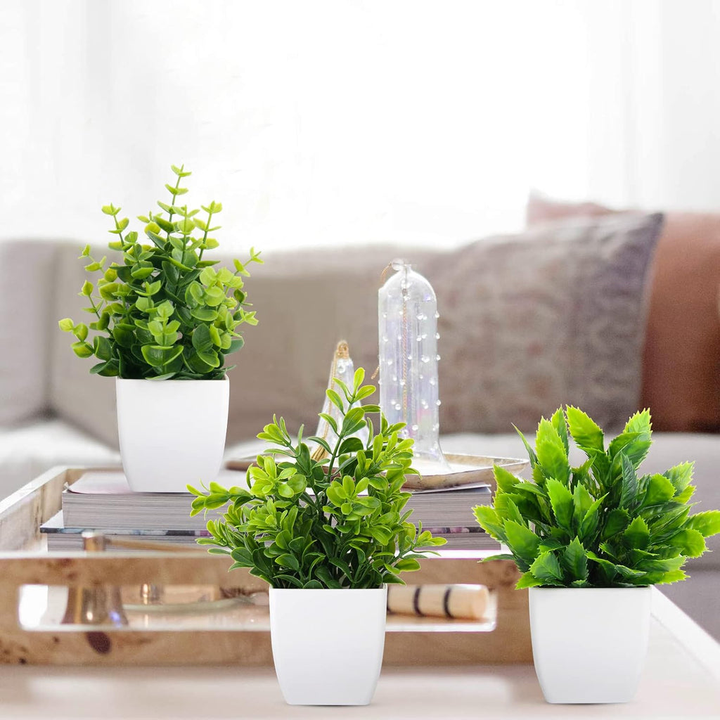 LELEE Artificial Plants Mini Fake Potted Plants, 8 pcs Small Eucalyptus Potted Faux Decorative Grass Plant with White Pot for Home Decor, Indoor, Office, Desk, Shelf, Table Decoration