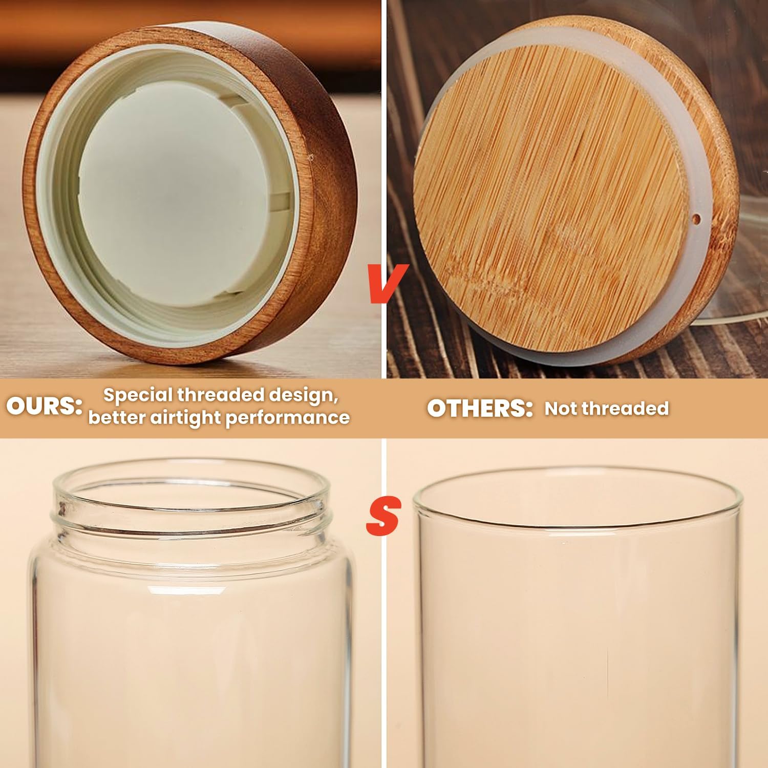 Set of 2 Glass Food Storage Jars, Premium Clear Glass Container Jar with Airtight Wooden Screw Lid, Kitchen Canisters for Coffee,Tea,Pasta,Cookies, Nuts,Spice,Candy,Overnight Oatmeal