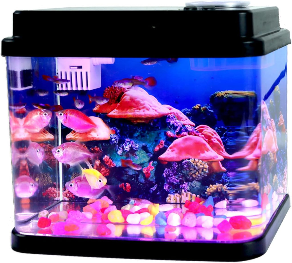 Mini Fish Tank Small Aquarium 1 Gallon Fish Bowl 6 Color Auto-Looping Light 3 in 1 Quiet Pump with Filteration & Oxygenation & Circulation,Submarine Background,Thickened Base