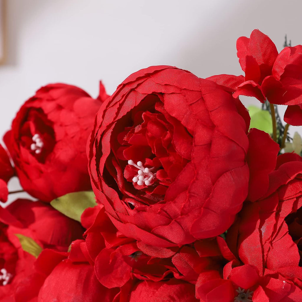 Duovlo Springs Flowers Artificial Silk Peony Bouquets Wedding Home Decoration,Pack of 1 (Spring Red)