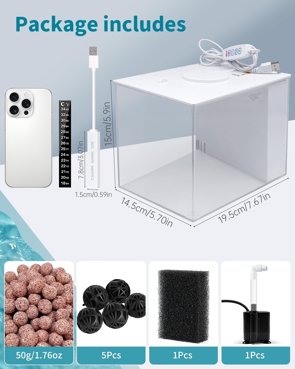 Fish Tank Betta Starter Kit 1 Gallon Desktop Small Aquarium Kit with 10W Heater LED Light and Filter Media & Water Pump– Compact Aquarium for Betta Fish, Small Fish, Shrimp, or Plants