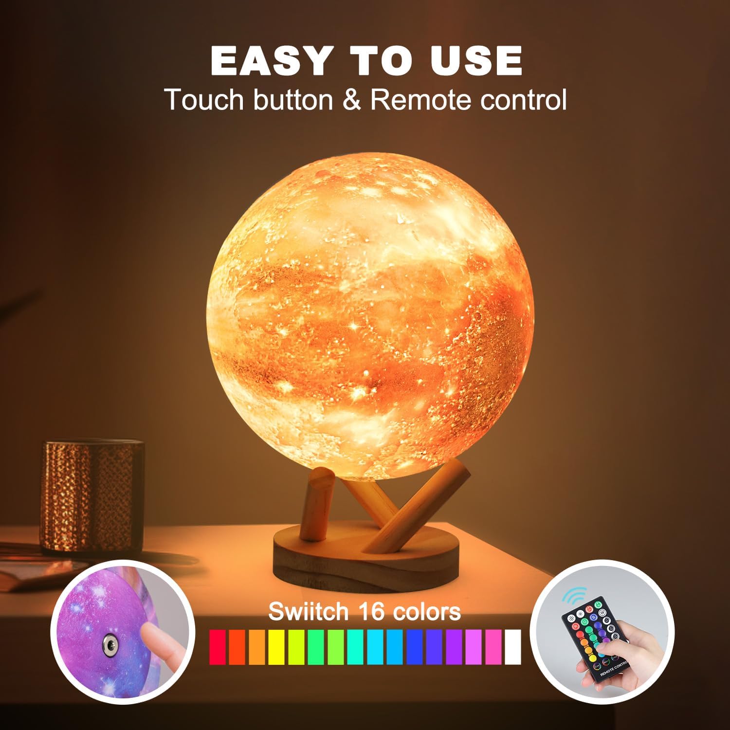 Moon Lamp Galaxy Lamp 6 inch 16 Colors LED 3D Moon Light, Remote & Touch Control Lava Lamp Moon Night Light Gifts for Girls Boys Kids Women Birthday