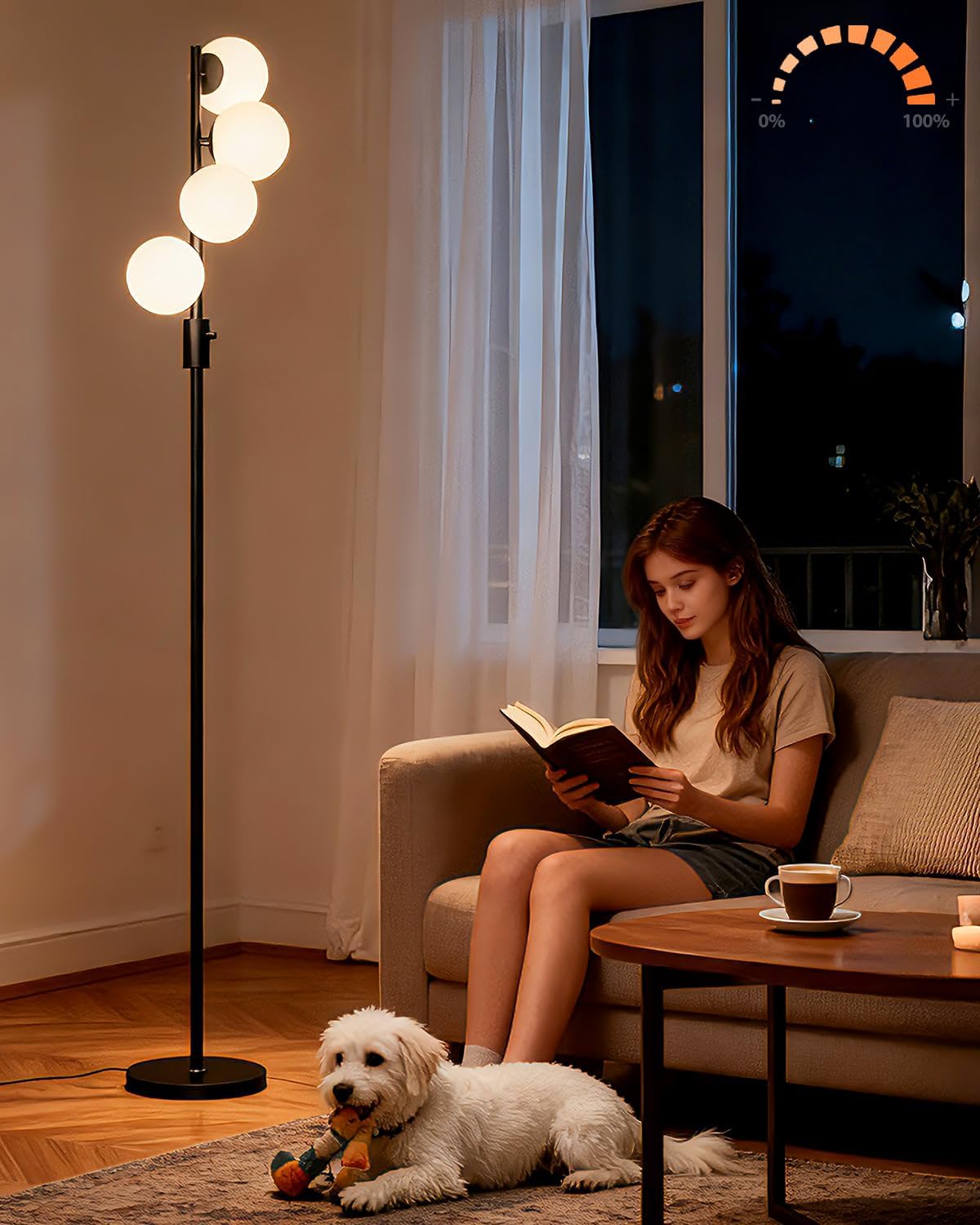 Lightdot 64IN Dimmable (Brightness Adjustable) Globe Floor Lamp, Black Standing Lamps with 4PCS 3000K G9 Bulbs Soft Warm White Eye Care, Mid Century Modern Floor Lamp for Living Room