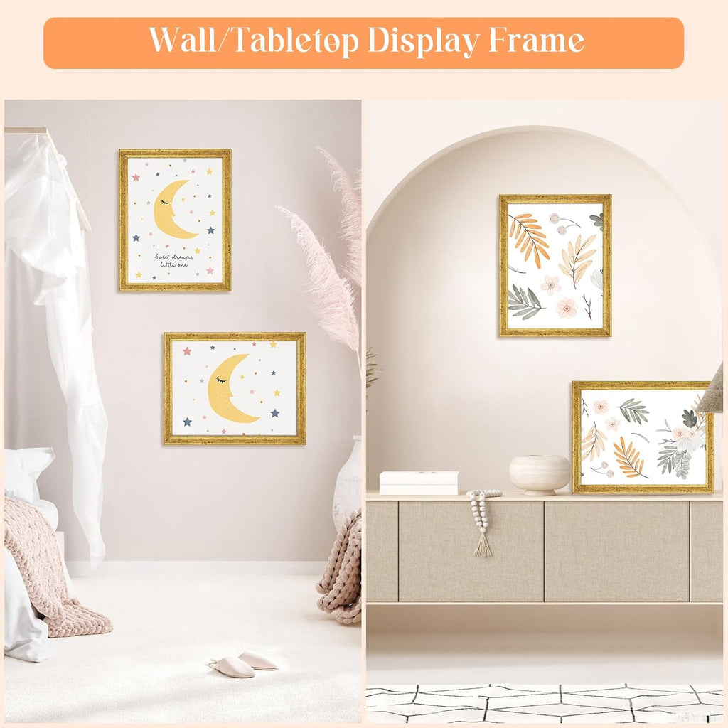 Wood 8x11 Frame Gold, Ornate Natural Wooden 11x8in Picture Frames, Modern Golden 8 x 11inch Gallery Photo Pic Frame with HD Plexiglass, Horizontal Vertical Wall Mounting Tabletop Display 1Pcs