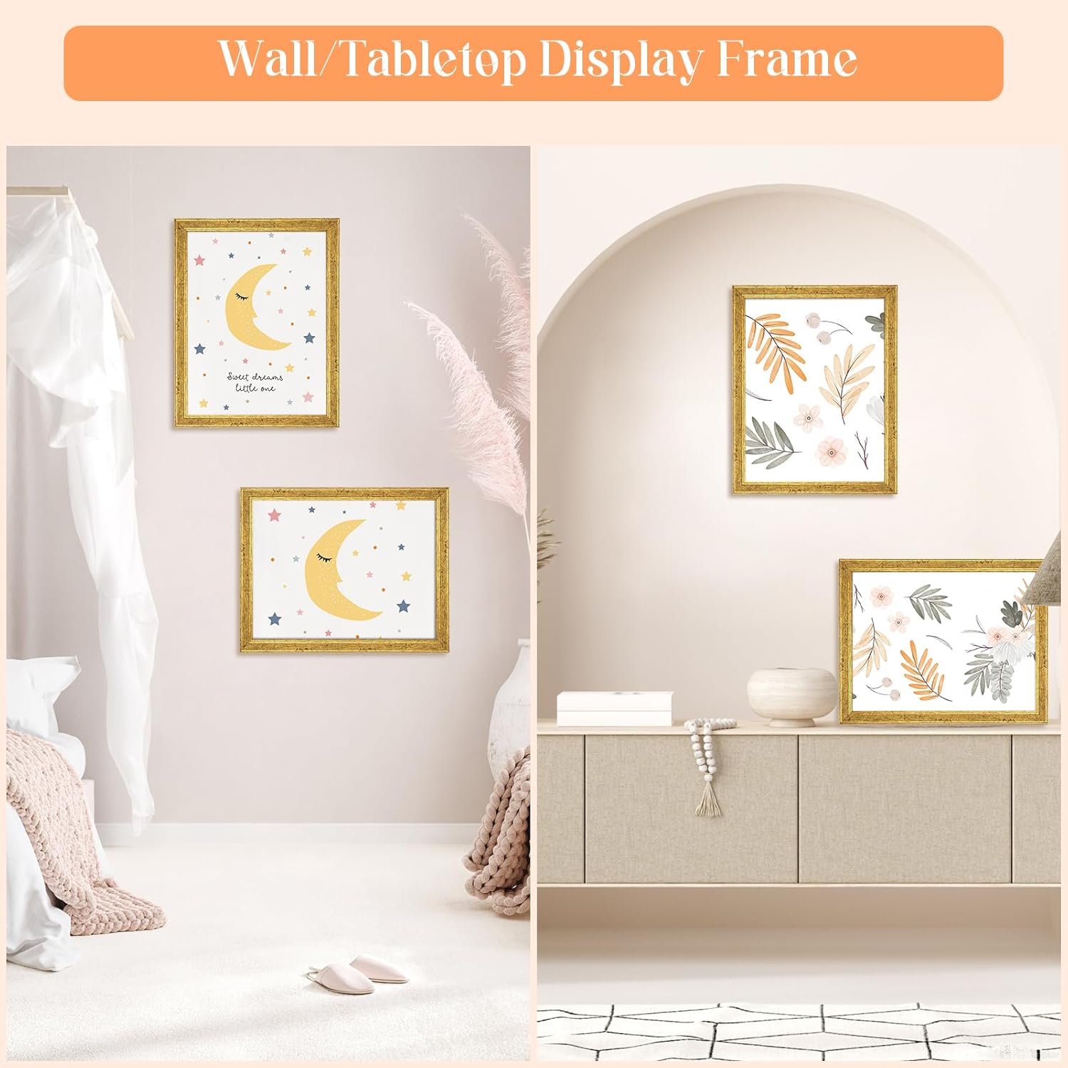 Wood 8x11 Frame Gold, Ornate Natural Wooden 11x8in Picture Frames, Modern Golden 8 x 11inch Gallery Photo Pic Frame with HD Plexiglass, Horizontal Vertical Wall Mounting Tabletop Display 1Pcs