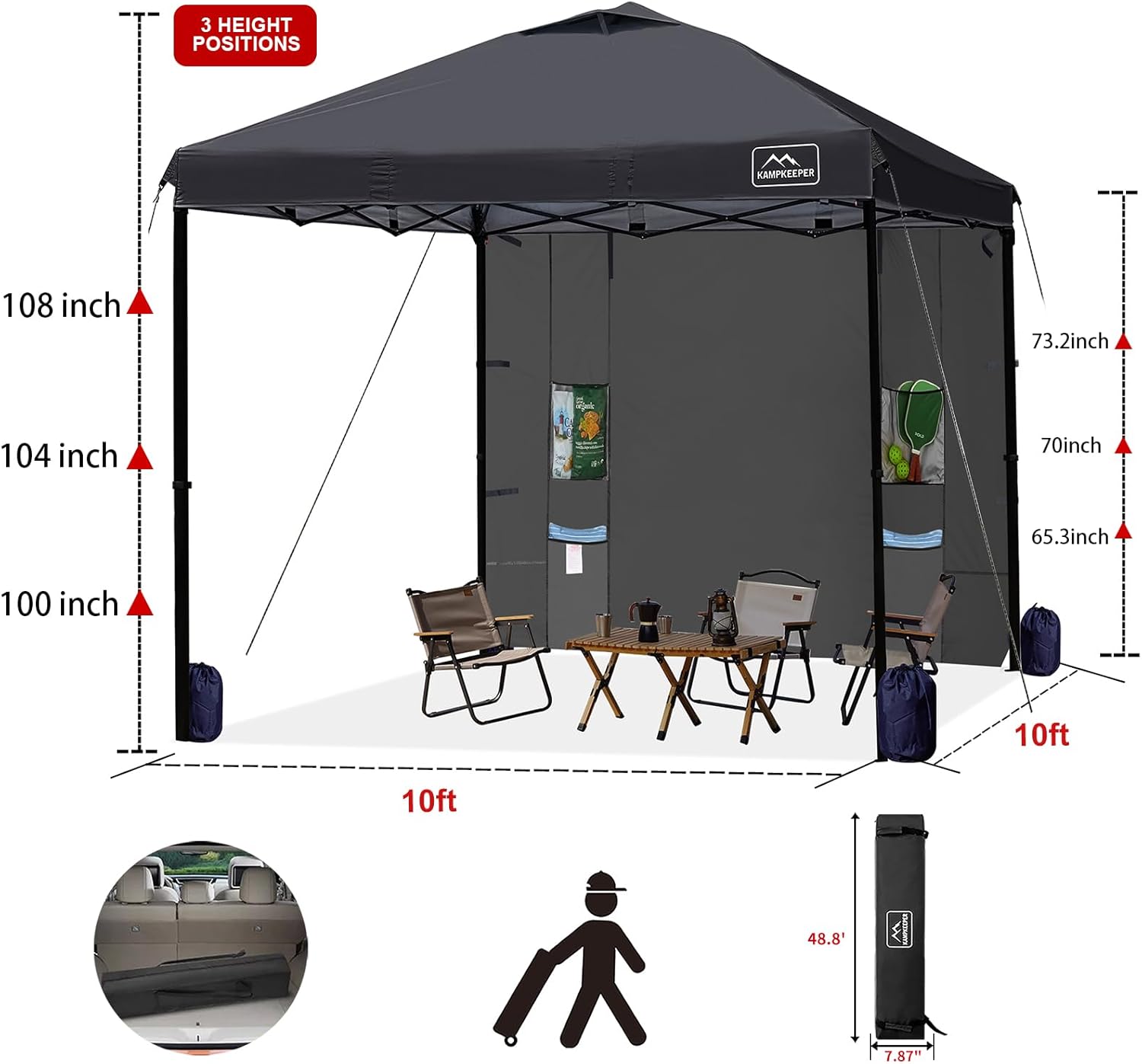 KAMPKEEPER 10x10 Easy Pop Up Canopy Tent with Sidewalls, Instant Outdoor Shade Shelter with Removable 10FT Sun Walls, Quick Setup Waterproof and UV-Resistant for Patio (Black, 1 sidewall)