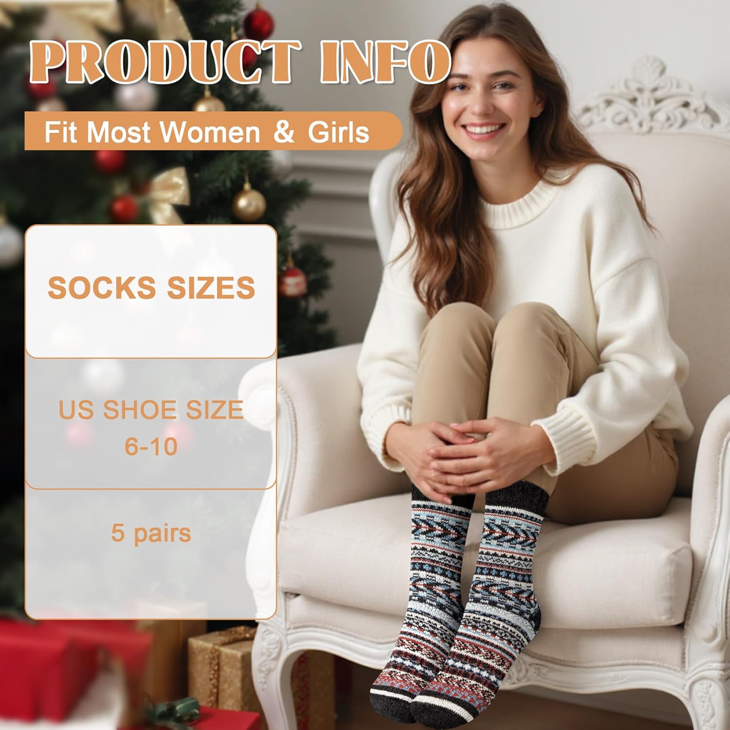 Justay 5 Pairs Wool Socks for Women - Winter Thick Boot Cozy Crew Vintage Soft Calf Knit Warm Socks Gifts