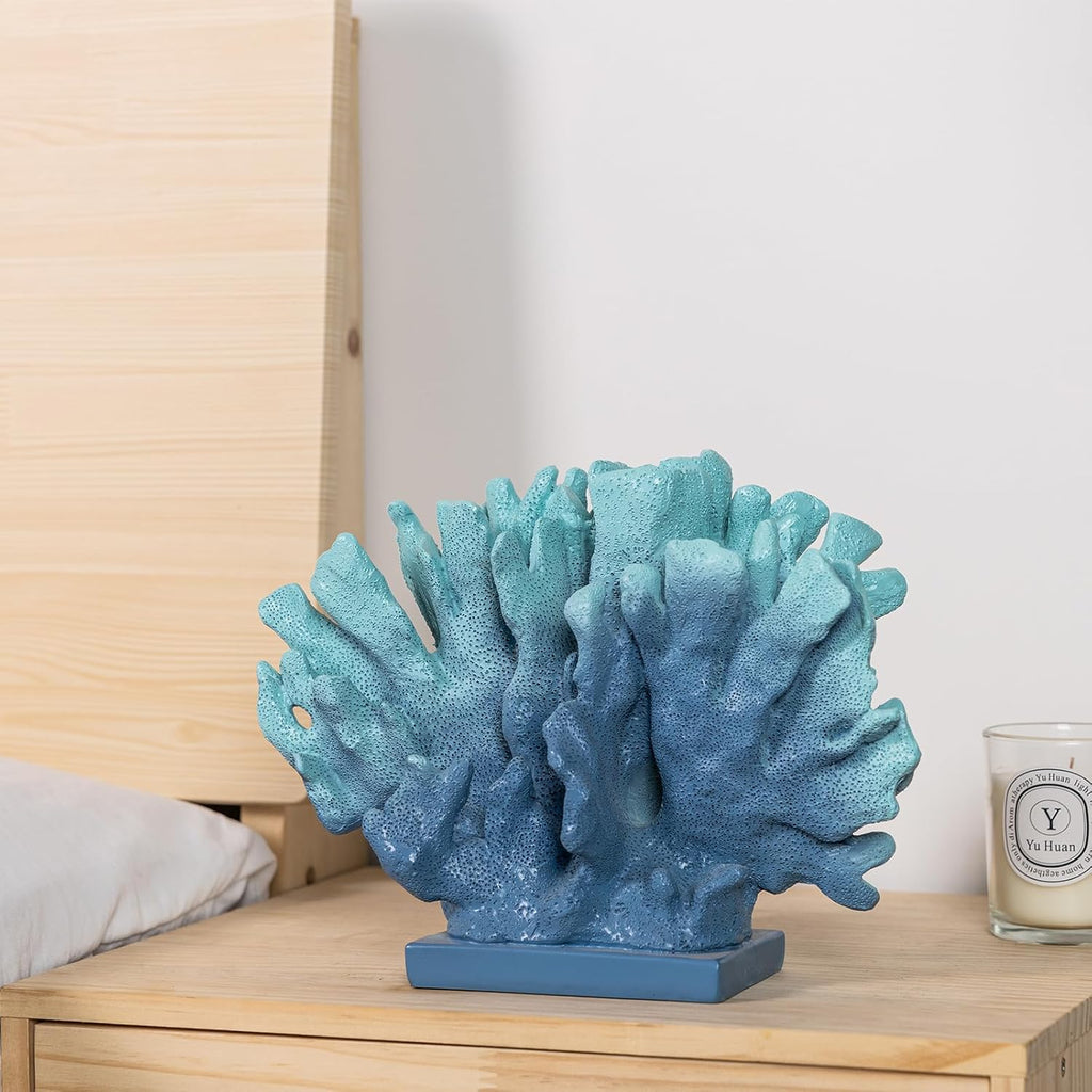 6" H Blue Coral Decor, Resin Coral Statue, Nautical Decorations for Home, Bedroom Wedding, Bathroom, Living Room, Beach/Coastal/Ocean Themed Cabinet Shelf Tabletop Decor