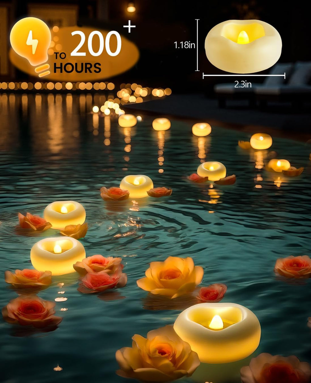 36 x 2”Floating Candle, 200 Hour Water Activated Warm White Battery Powered Flameless LED Floating Candle Floating for centerpieces/Bathtub/Fountain/Pool