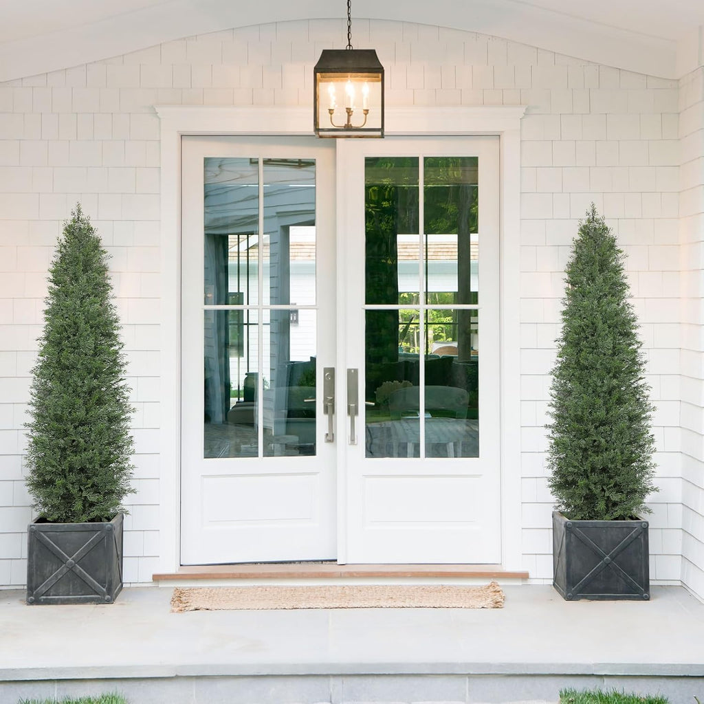 Briful Set of 2 Artificial Cedar Trees – 5FT Tall Faux Cypress Plants in Pots with Detachable Trunks, Realistic Green Leaves, UV Resistant Outdoor/Indoor Topiary Trees for Front Porch Patio Home Decor