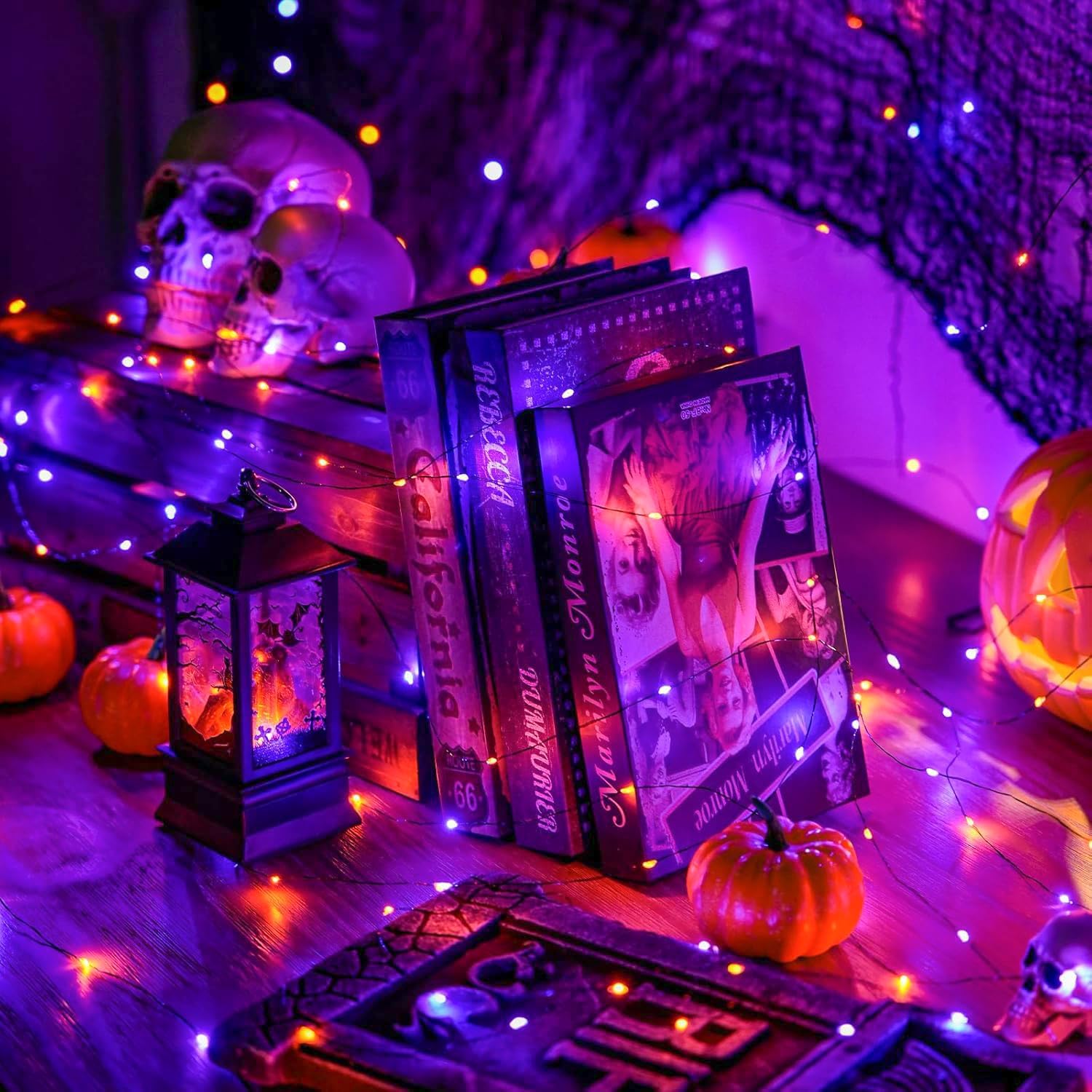 JMEXSUSS 2 Pack Orange and Purple Halloween Lights Battery Operated, Total 200 LED 66ft Halloween Fairy Lights with Remote, 8 Modes Twinkle String Lights for Fireplace Porch Tree Centerpiece Wreath