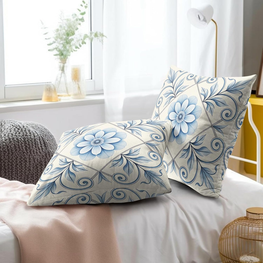 Blue and White Floral Throw Pillow Covers Set of 2 Ultra-Soft All-Season Pillow Shams with Hidden Zipper,Durable for Sofa Bed Car Decor & Gift 18x18IN